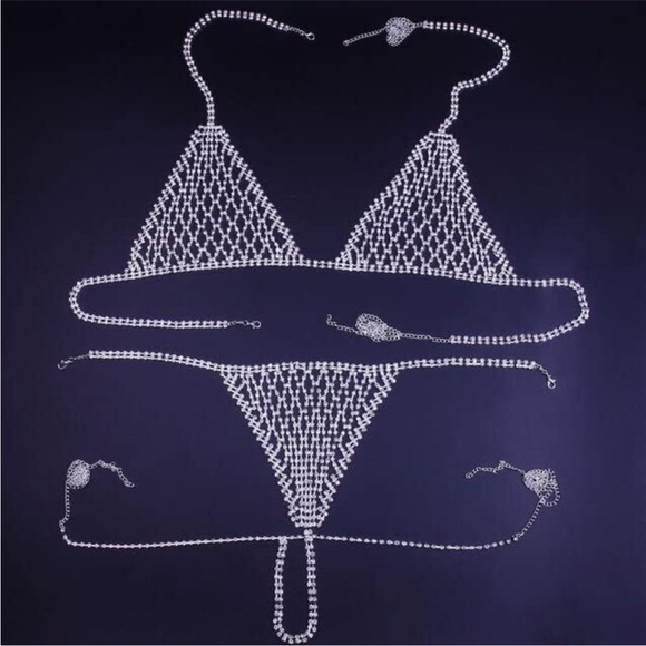 Sexy Body Chain Crystal Mesh Backless Halter Crop Top and Panties - Picture 12 of 12